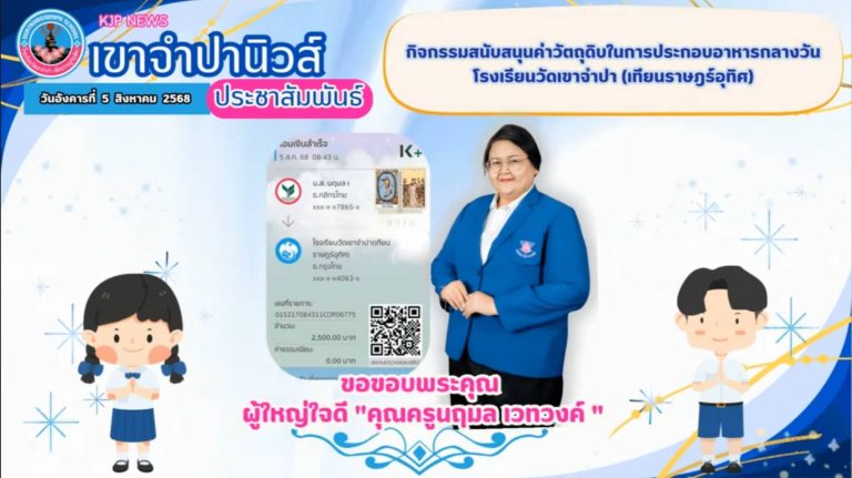 โรงเรียนวัดเขาจำปา(เทียนราษฎร์อุทิศ) ขอขอบพระคุณ  ผู้ใหญ่ใจดี “คุณครูนฤมล เวทวงค์ ” ที่สนับสนุนเลี้ยงอาหารและขนมนักเรียนโรงเรียนวัดเขาจำปา (เทียนราษฎร์อุทิศ)