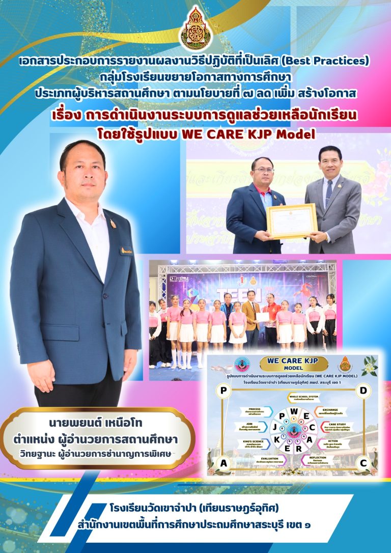 เผยแพร่ผลงานวิธีปฏิบัติที่เป็นเลิศ (Best practice) เรื่อง การดำเนินงานระบบการดูแลช่วยเหลือนักเรียน โดยใช้รูปแบบ WE CARE KJP Model ของนายพยนต์ เหนือโท ผู้อำนวยการโรงเรียนวัดเขาจำปา (เทียนราษฎร์อุทิศ)